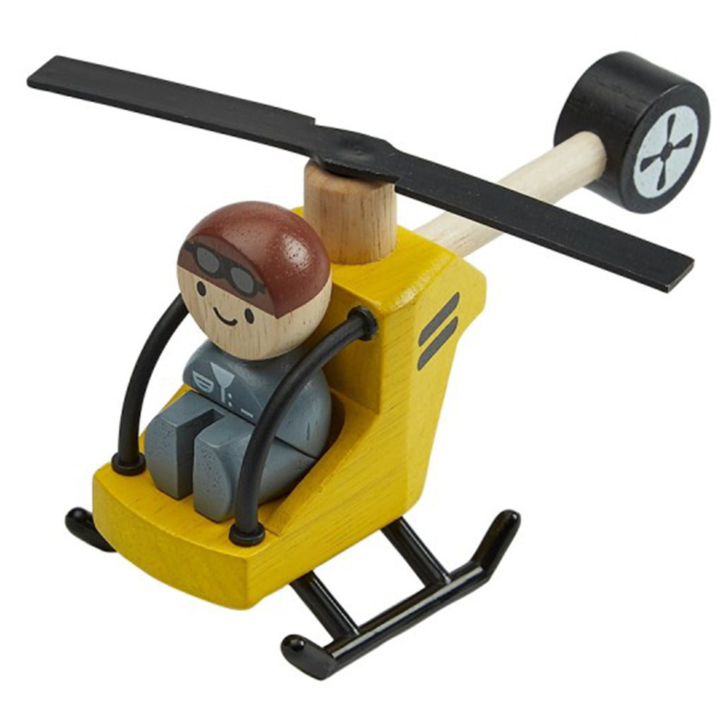 PlanToys helicopter with pilot, yellow and black wooden aircraft toy for kids.