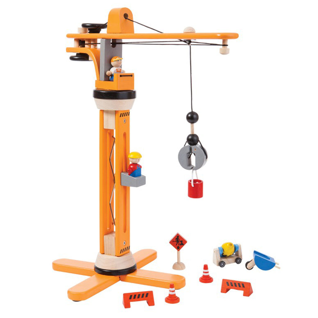 Plan Toys Children's Pretend Play Wooden Crane Construction Set Toy orange road sign cones foreman worker