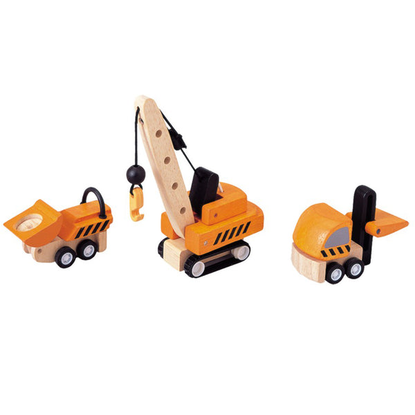 Plan Toys Children's Pretend Play Wooden Construction Vehicles Set orange black beige natural 1 scooper crane lift truck