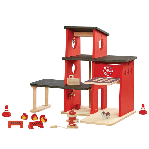 Plan Toys Children's Wooden Pretend Play Fire Station Toy Set red