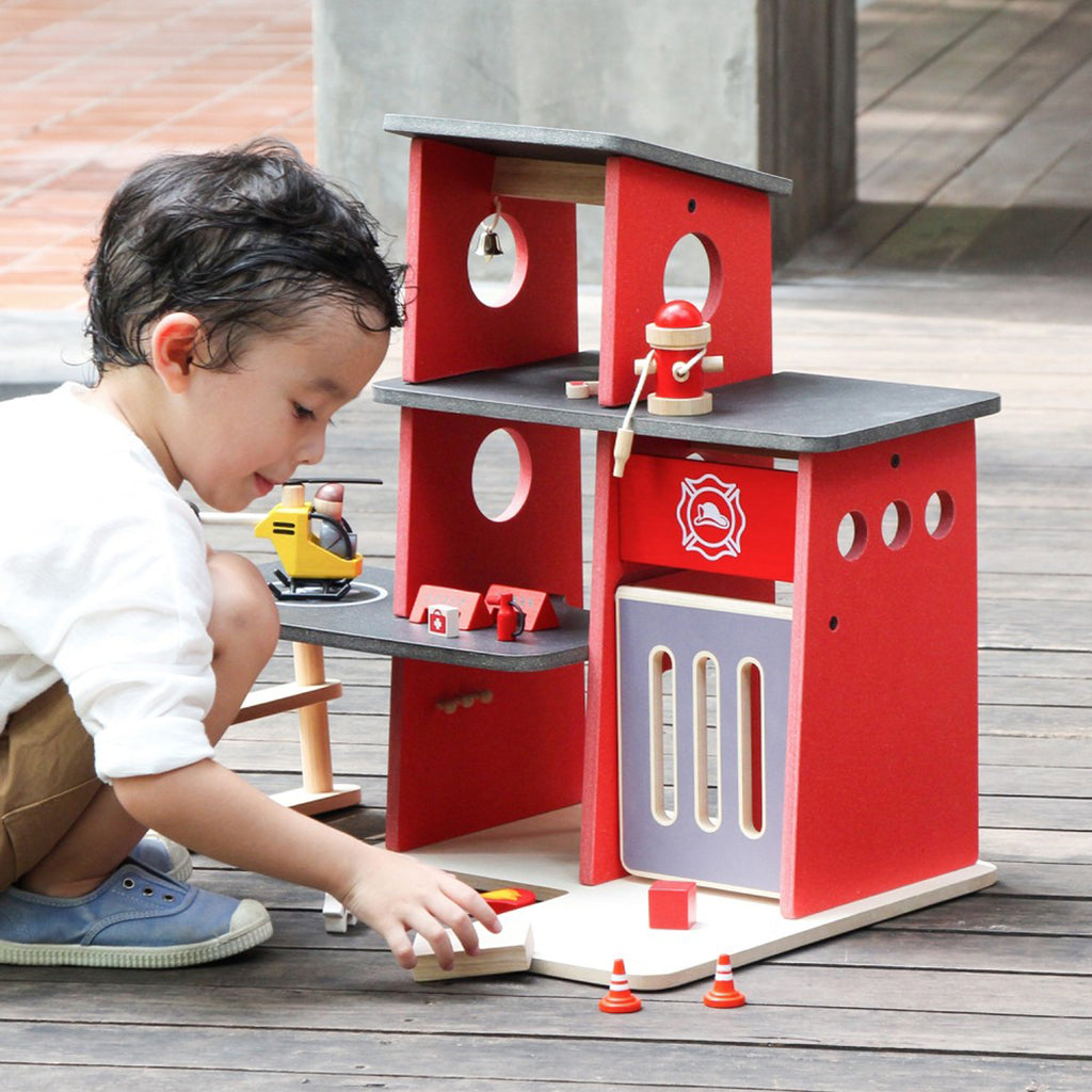 lifestyle_1, Plan Toys Children's Wooden Pretend Play Fire Station Toy Set red