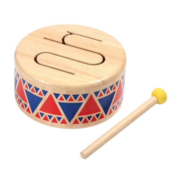 Plan Toys Children's Wooden Solid Drum Musical Toy Set slits slats red blue