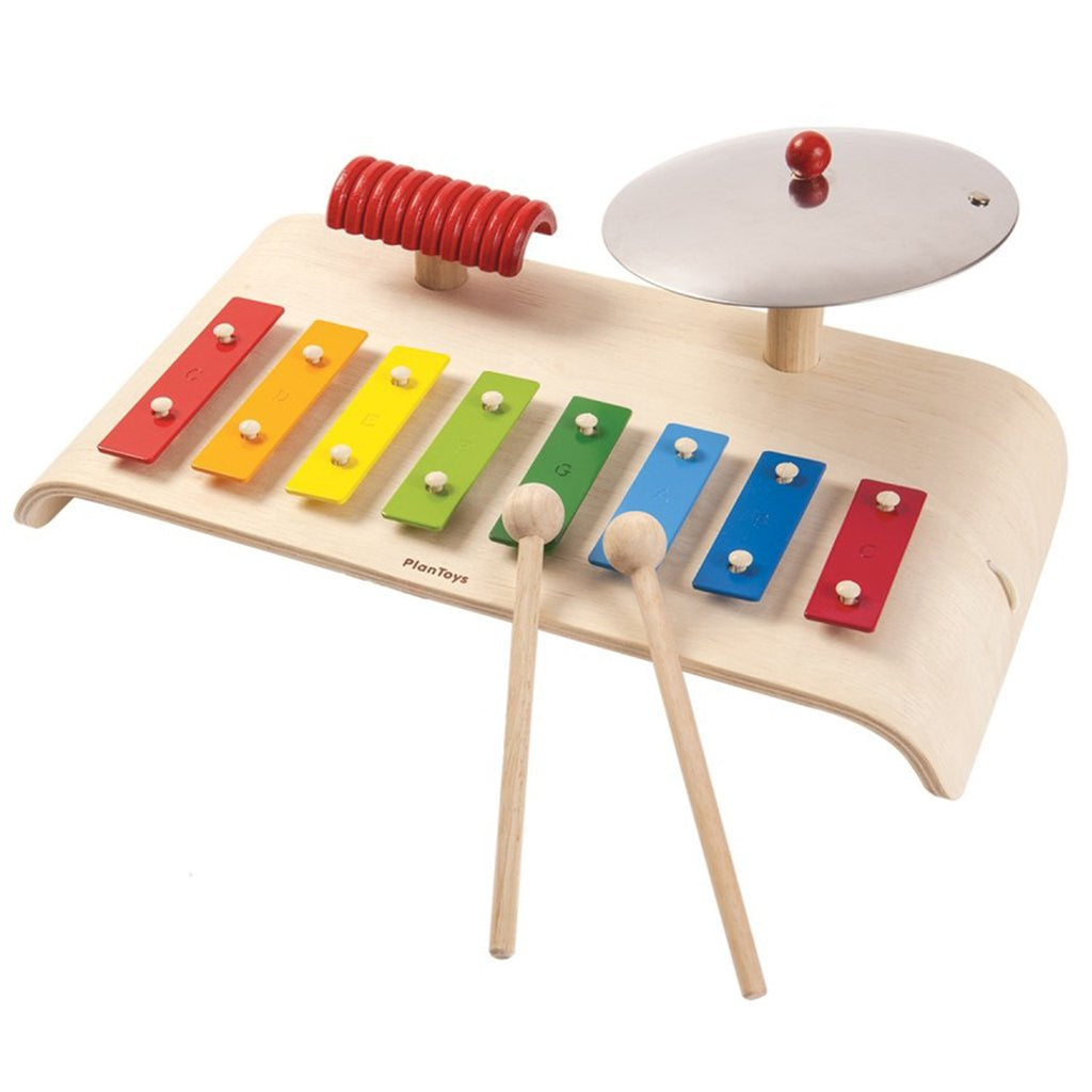 Plan Toys Children's Wooden Musical Set Instrument Toy multicolored rainbow cymbal guiro metal