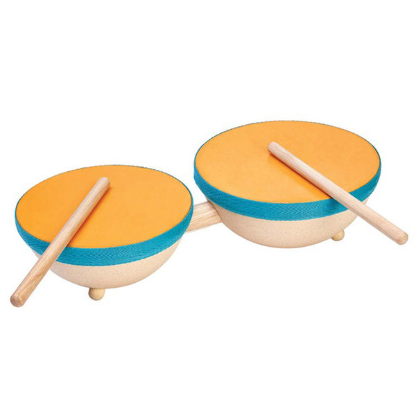 Plan Toys Children's Rubber Wood Double Drum Musical Toy Set  orange blue teal beige natural 