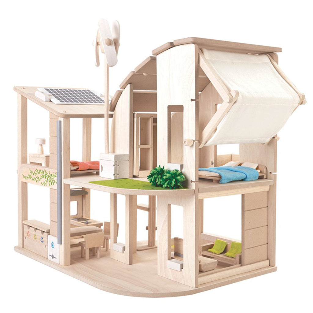 Plan Toys Children's Pretend Play Green Efficient Dollhouse with Furniture beige natural rubber wood