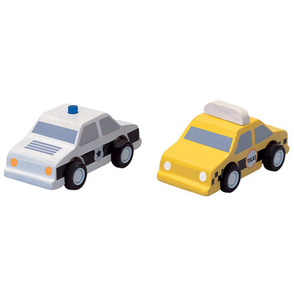 Plan Toys City Taxi & Police Car Children's Pretend Play Toy Vehicles white blue yellow 