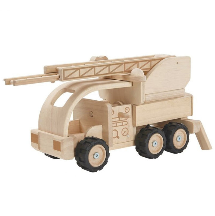 A natural wood fire truck toy with movable parts, designed for children's imaginative play.