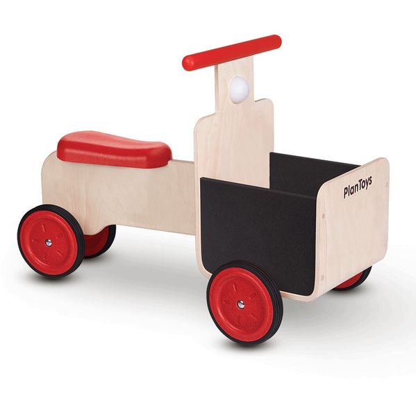Plan Toys Delivery Bike Children's Wooden Rideable Vehicle Toy red wheels handlebar black detail