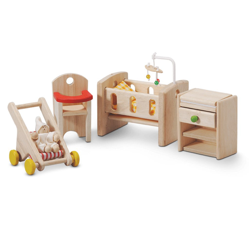 Plan Toys Nursery Children's Pretend Play Doll Dollhouse Accessory Set dresser crib stroller high chair baby 