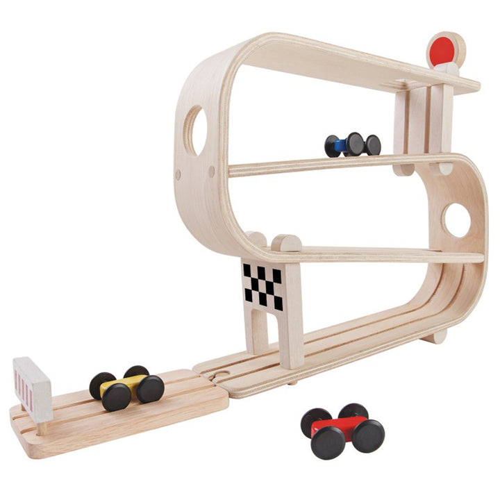 PlanToys Wooden Pretend Play Car Ramp Racer Playset, ideal for children who love racing and building exciting tracks.