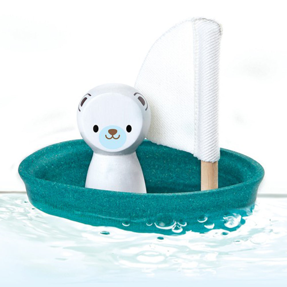 Plan Toys wooden sailboat with polar bear mold-free and sustainable bath toys