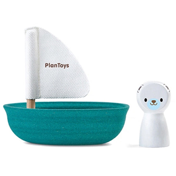 PlanToys Wooden Children's Bath Toy Sail Boat - Polar Bear white blue
