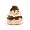 Jellycat Pretty Patisserie Religieuse Stuffed Children's Toy. Multi-layered plush toy modeled after a French pastry of the same name. Cream, tan, and brown in color with a black stitched smile and eyes. 