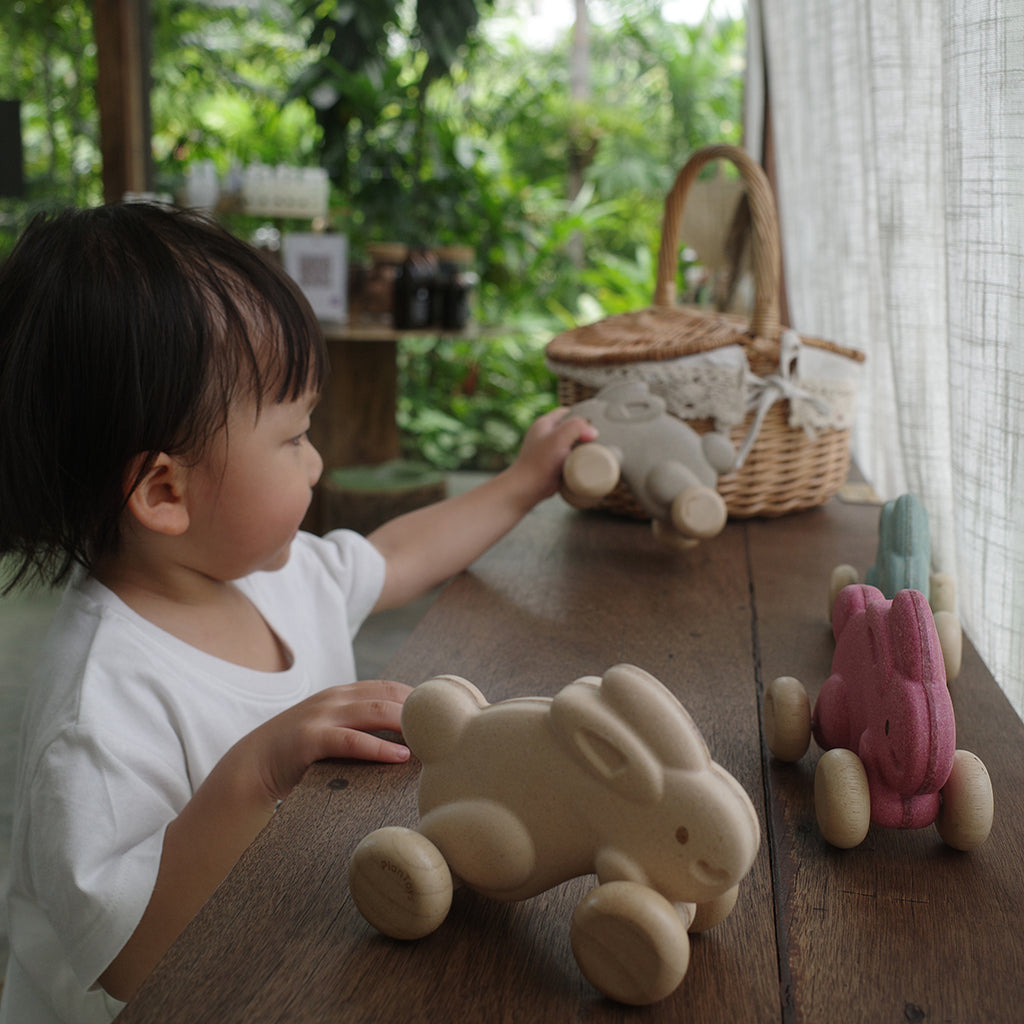 Plan Toys push pink bunny wooden toy for 1 year olds