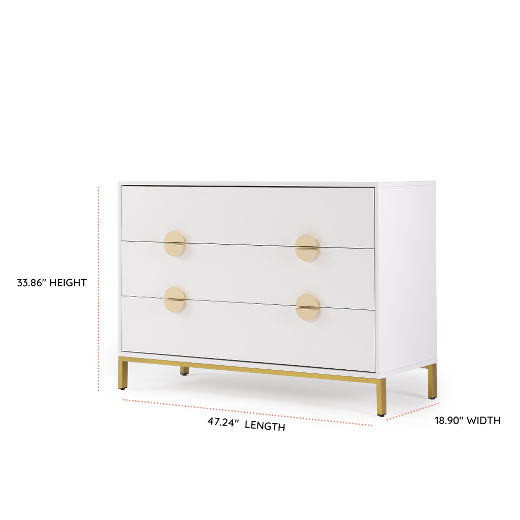 lifestyle_2, dadada White/Gold Chicago 3-Drawer Dresser Baby Nursery Furniture side angle view with dimensions