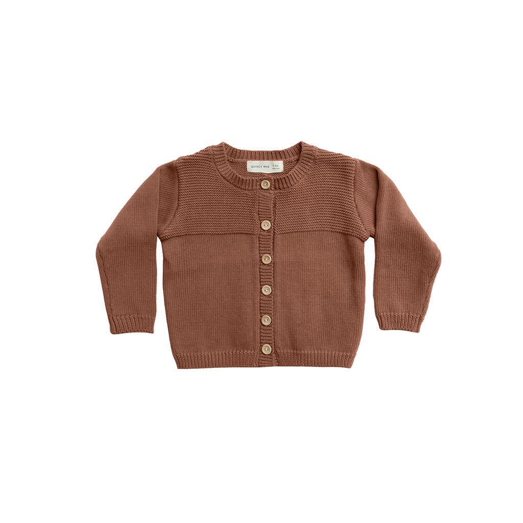 Quincy Mae Clay Knit Cardigan Soft Organic Cotton Children's Clothing redish brown