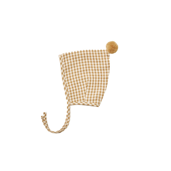 Quincy Mae Honey Gingham Pom Bonnet Children's Organic Clothing Accessory yellow and white checkered