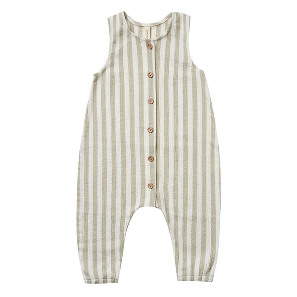 Quincy Mae Sage Stripe Woven Sleeveless Jumpsuit Baby Clothing neutral green off-white