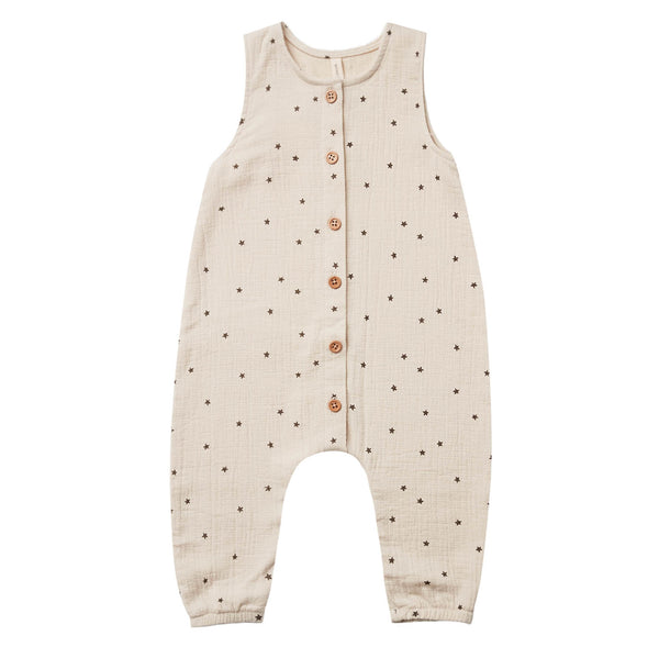 Quincy Mae Natural Stars Woven Sleeveless Jumpsuit Baby Clothing beige black 