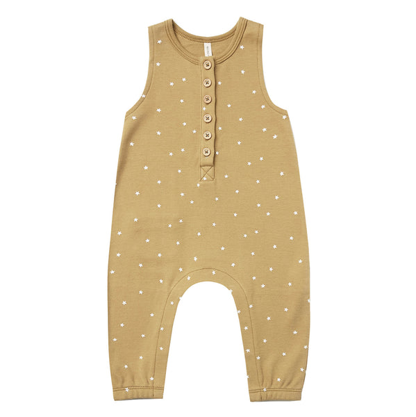 Quincy Mae Gold Sleeveless Jumpsuit Organic Infant Baby Clothing mustard yellow small white polkadots