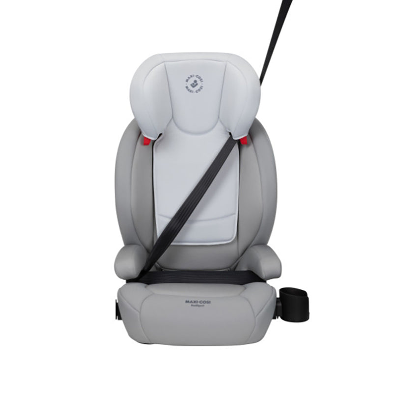 Maxi-Cosi RodiSport in Pebble Grey with seat belt, featuring enhanced safety as a car seat.