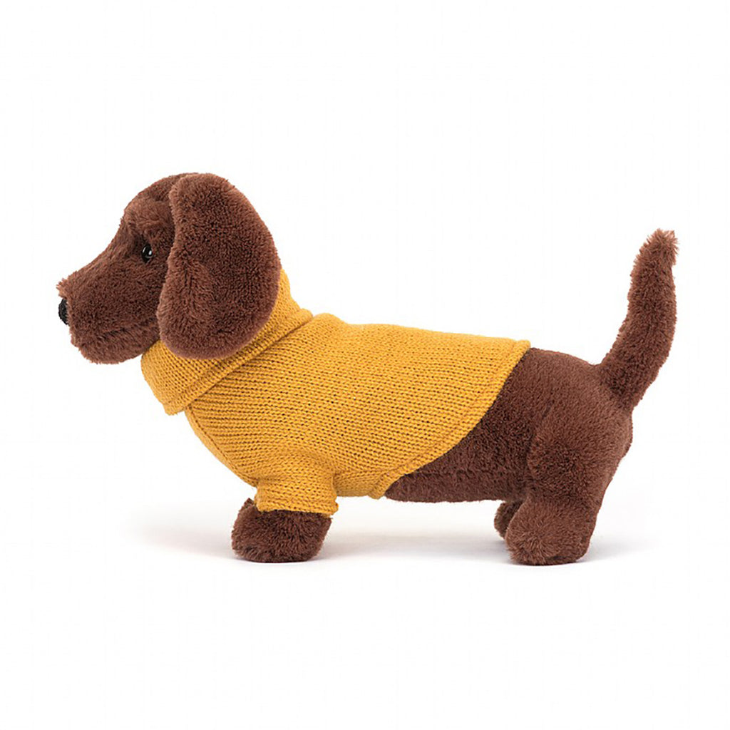 Jellycat Yellow Sweater Sausage Dog Children's Stuffed Animal Toy. Side view.