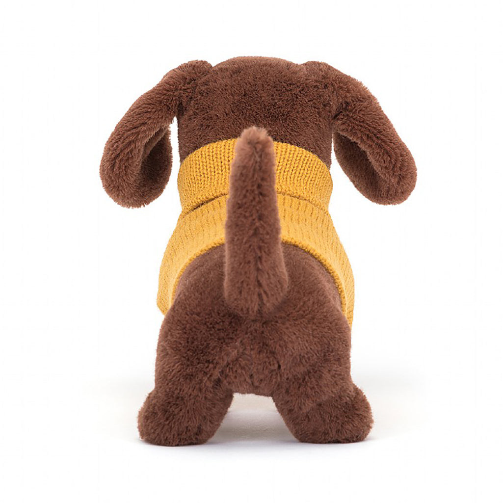 Jellycat Yellow Sweater Sausage Dog Children's Stuffed Animal Toy. Back view.