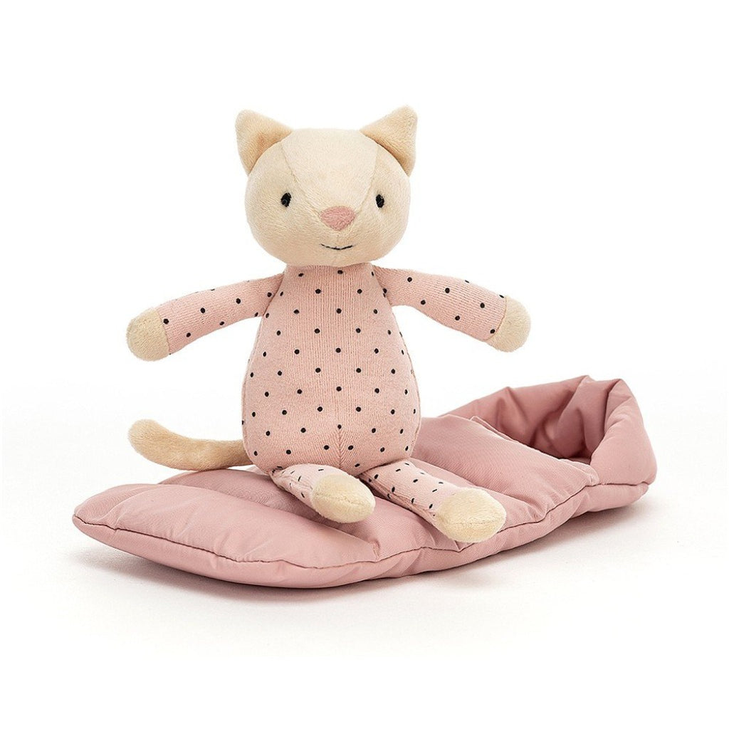 Jellycat Snuggler Cat w/ Sleeping Bag Children's Soft Plush Animal Toy pink with black polka dots