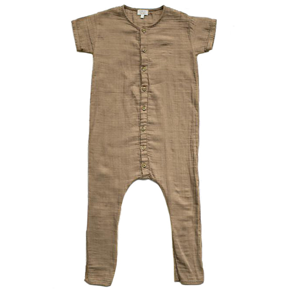 The Simple Folk Archer Playsuit Organic Cotton Infant Baby Romper camel beige brown