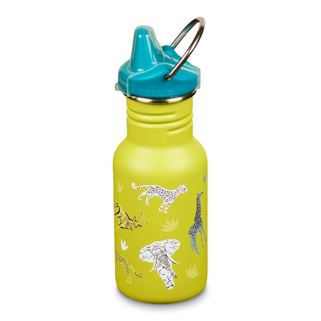Klean Kanteen Safari 12oz Kid's Sippy Water Bottle BPA Free bright green with safari animals blue lid