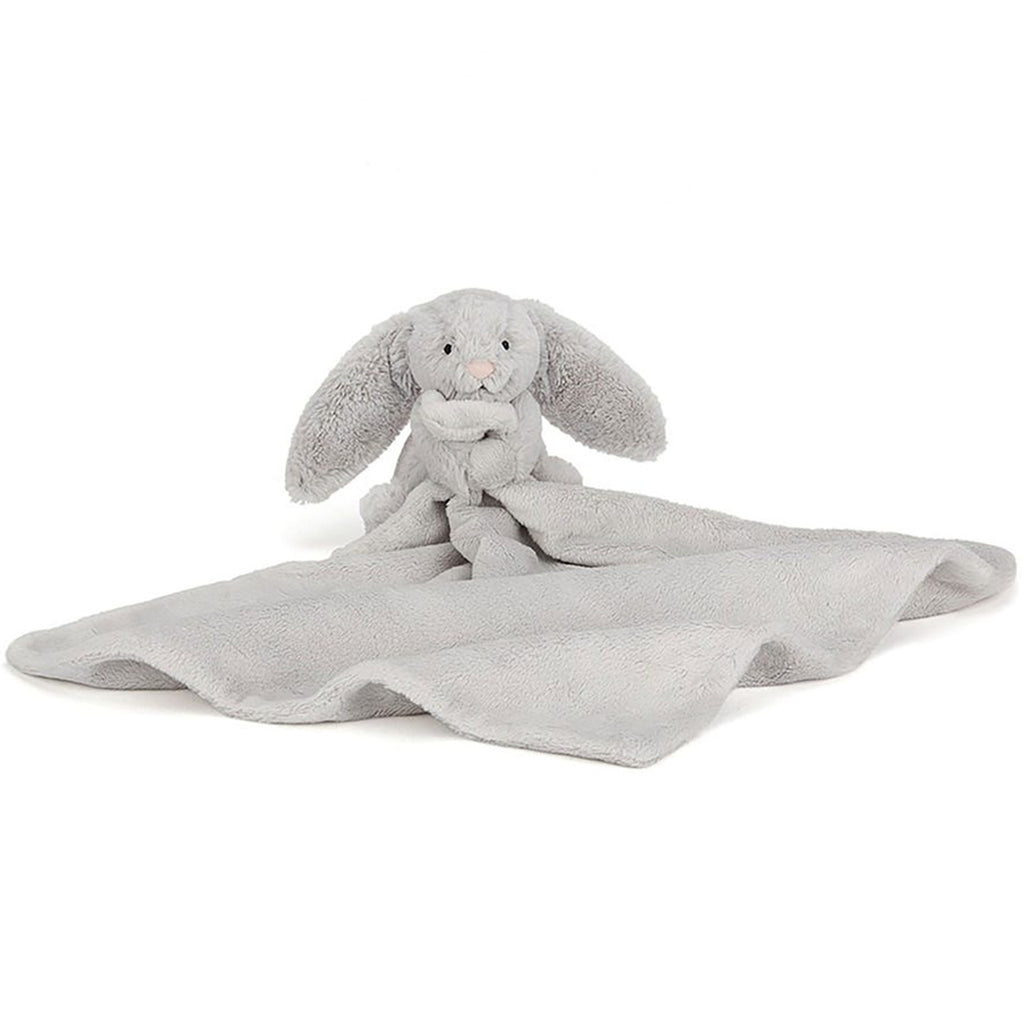 Jellycat Bashful Grey Bunny Soother- floppy ears, smile, small beady black eyes, pink nose 