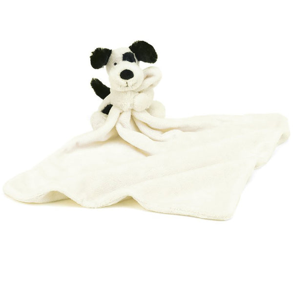 Jellycat Bashful Black & Cream Puppy Soother-cream puppy with black ears, black spot over one wye, black spot on side, black tail, holding a soft blanket