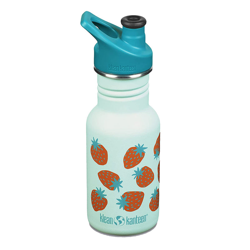 Klean Kanteen Blue Strawberries Narrow 12oz Sports Cap Water Bottle light blue with red strawberries