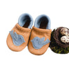 Starry Knight Design Baby Leather Shoes with Design blue birdie tan background