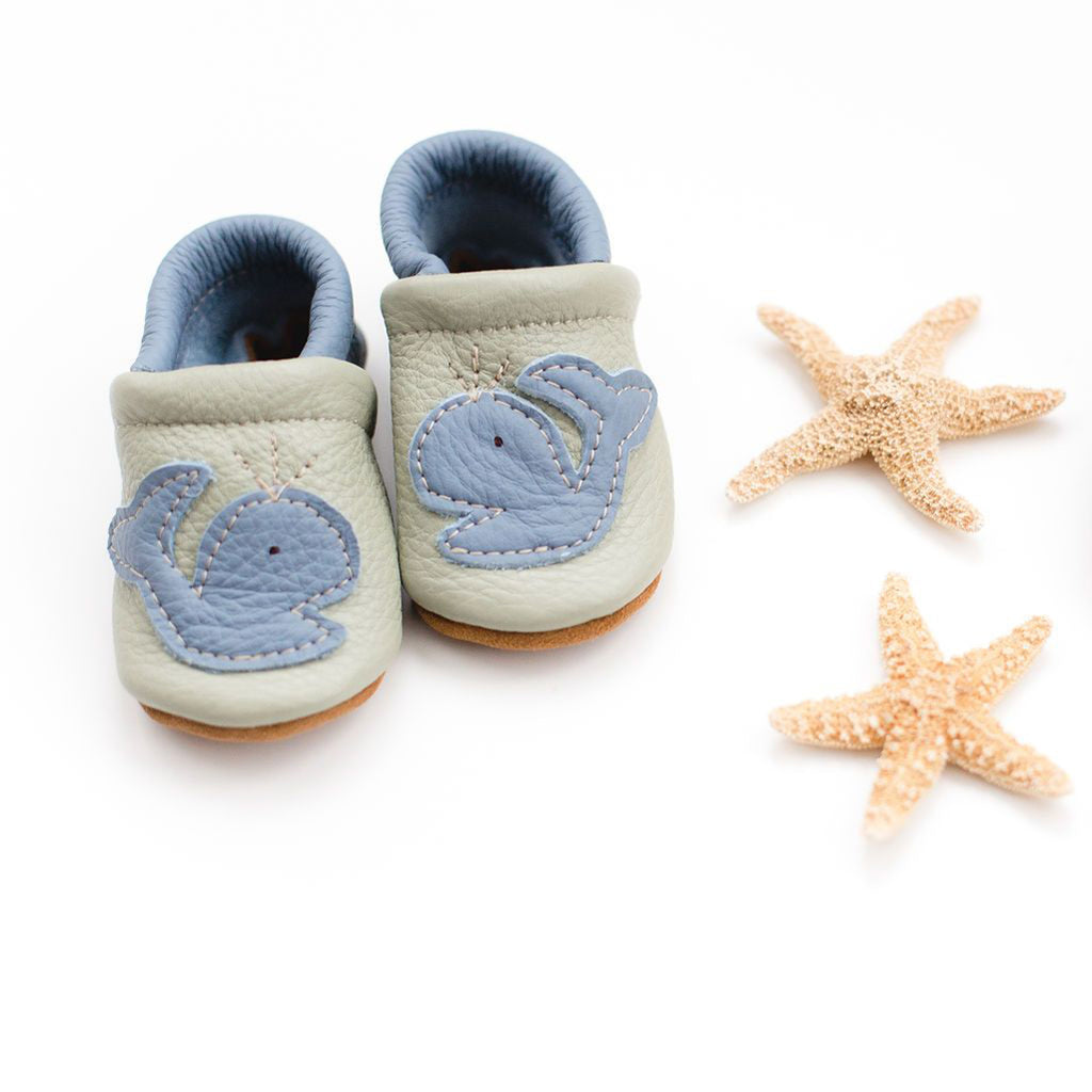 Starry Knight Design Baby Leather Shoes with Design blue whales on tea green