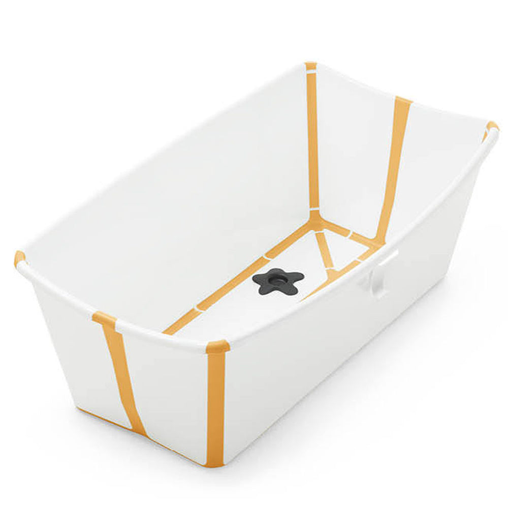 Stokke FlexiBath Newborn to Toddler with Heat Sensitive Plug Bath Tub white mustard yellow