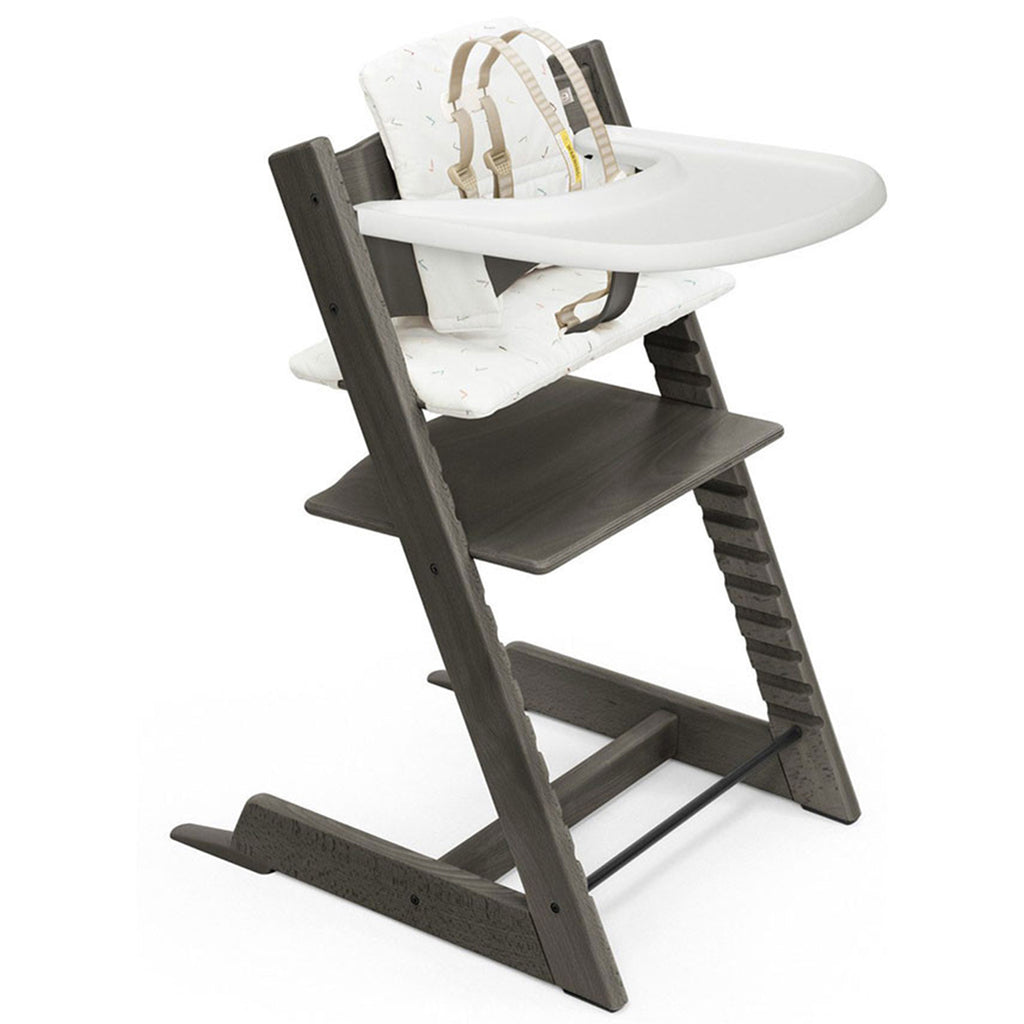 Stokke Beech Wood Adjustable Ergonomic Tripp Trapp High Chair Complete hazy grey chair icon multi cushion white tray 