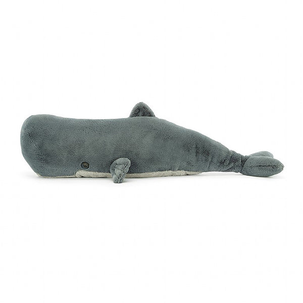 Jellycat Sullivan Sperm Whale Stuffed Animal Children's Toy. Dark grey with light grey underbelly. Side view.