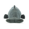 Jellycat Sullivan Sperm Whale Stuffed Animal Children's Toy. Dark grey with light grey underbelly. Back view.
