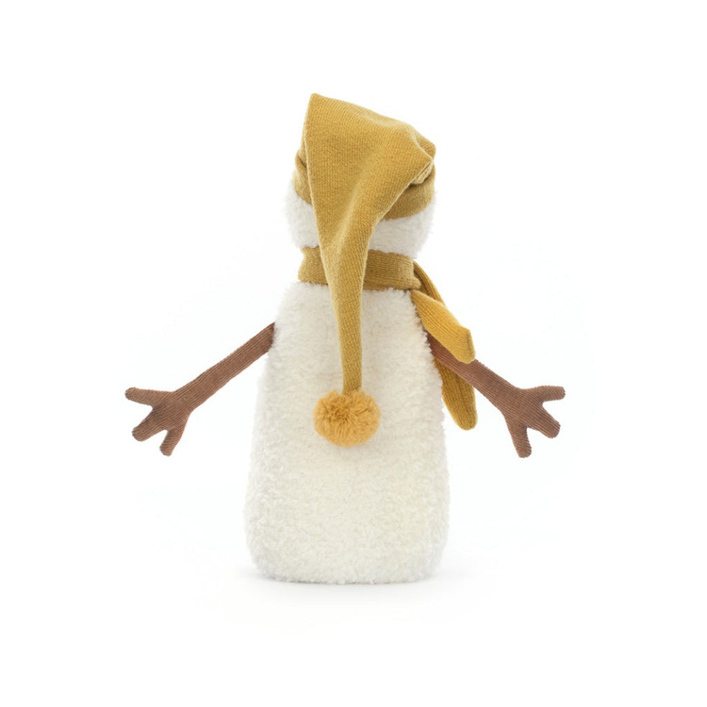 life_style2, Jellycat Lenny Snowman Children's Plush Stuffed Animal Toy white body, yellow hat & scarf, brown arms