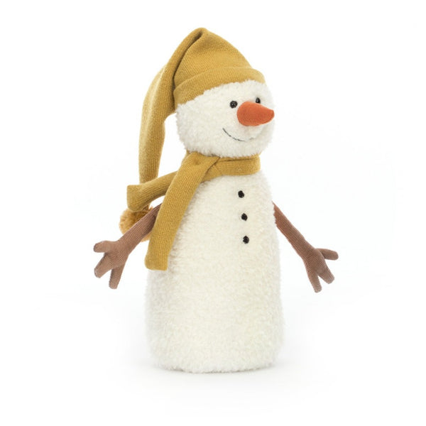 Jellycat Lenny Snowman Children's Plush Stuffed Animal Toy white body, yellow hat & scarf, orange nose, black eyes & buttons, brown arms