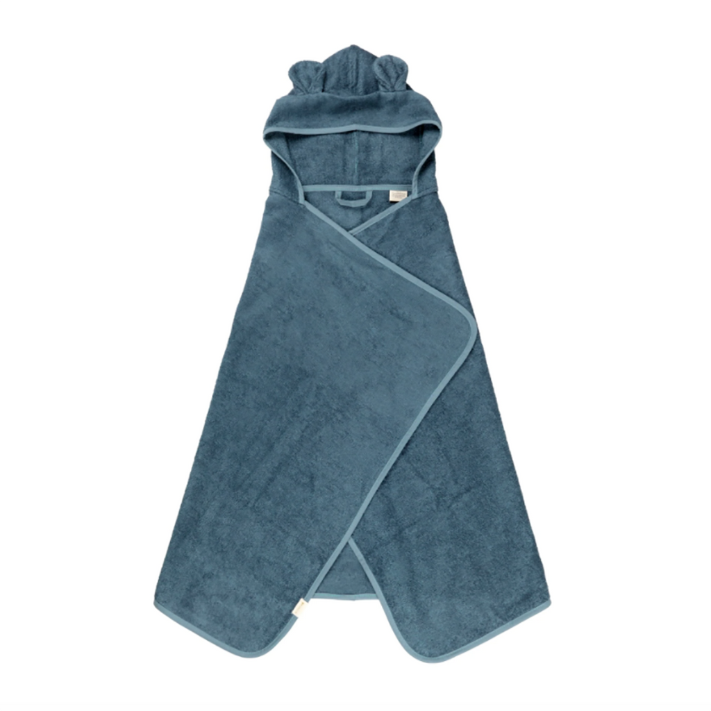 Fabelab Blue Spruce Bear Hooded Baby Towel. Medium blue hooded baby bath towel with bear ears on the hood.