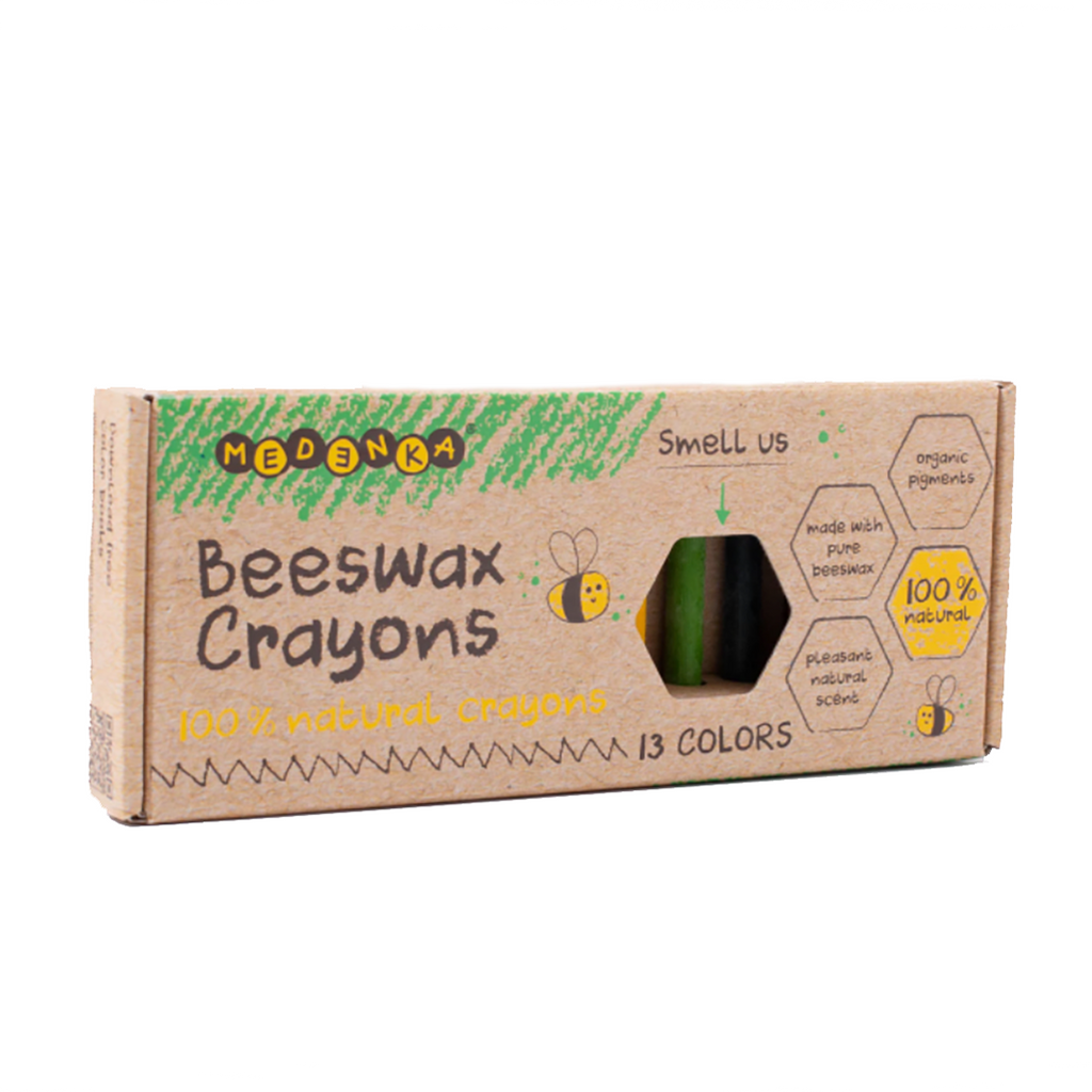 Medenka All Natural Rainbow Children's Beeswax Coloring Crayons - brown rectangular box with hexagon cut out to expose crayons for sight and smell of natural beeswax