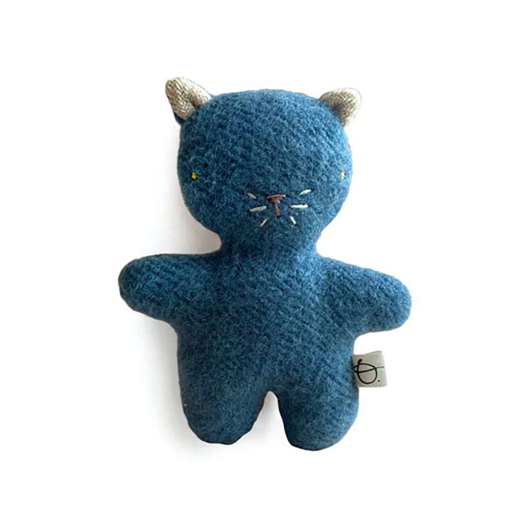 Ouistitine Blue Plush Kitten Children's Stuffed Animal Toy all medium blue fabric, yellow eyes, pink nose, white ears