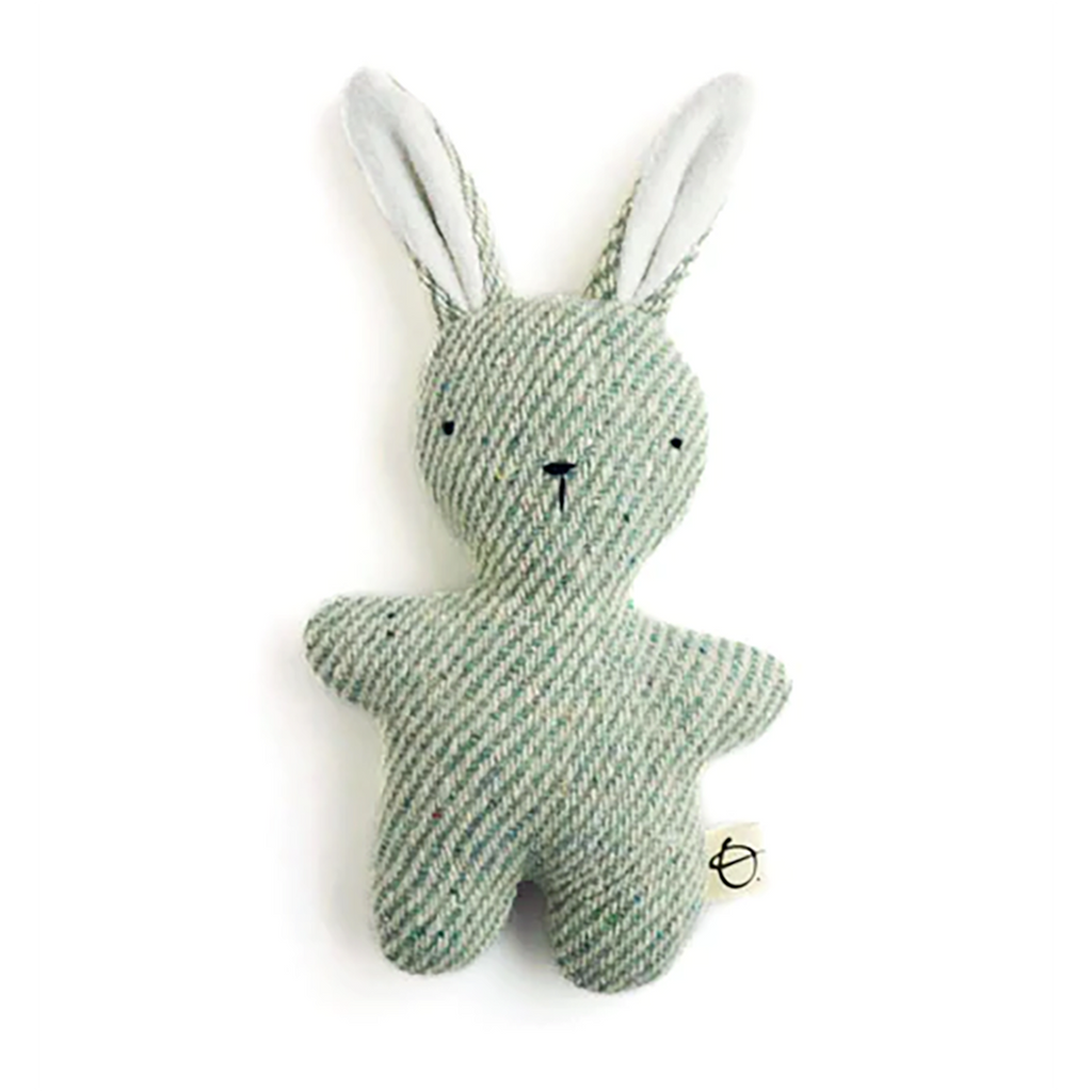 Ouistitine Lined Green Plush Rabbit Children's Stuffed Animal Toy all green fabric, slant white lines throughout, white ears, black eyes & nose