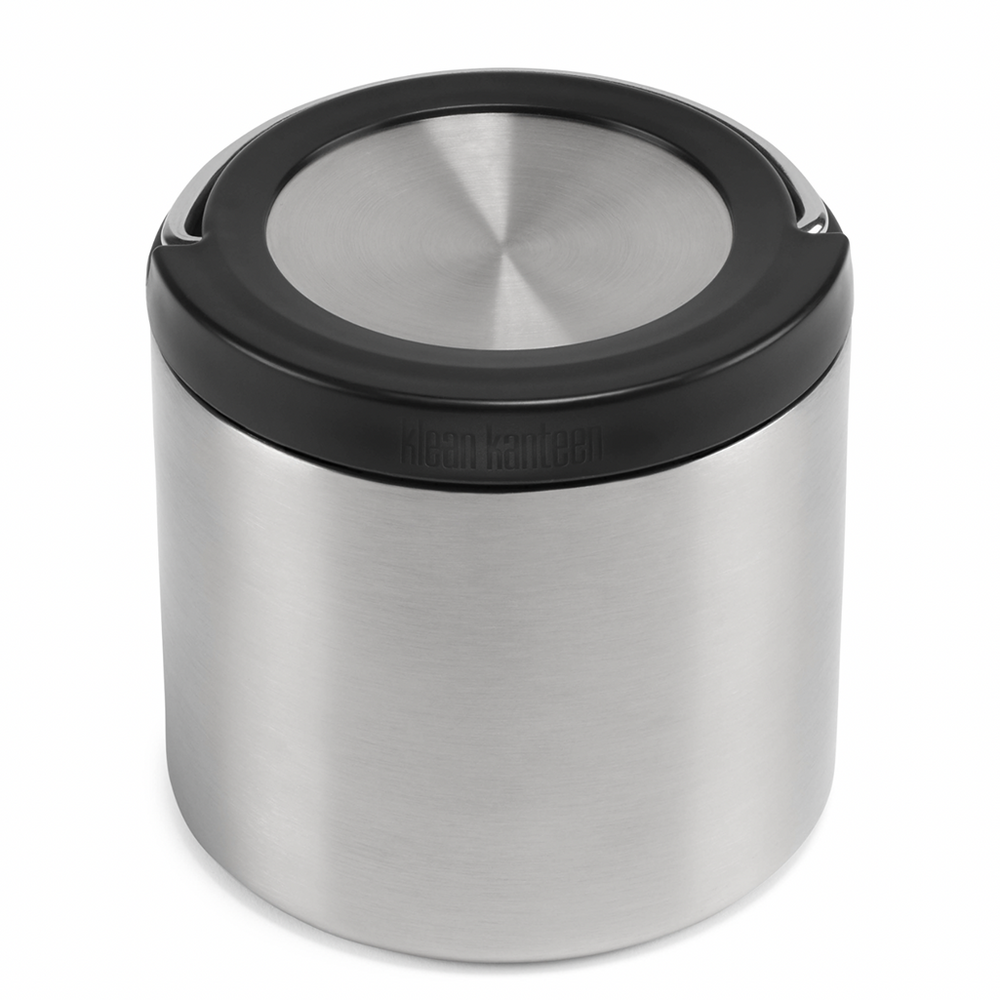 Klean Kanteen 16oz TK Canister Stainless Steel Food Storage Container. Shown with handle in the down position. 