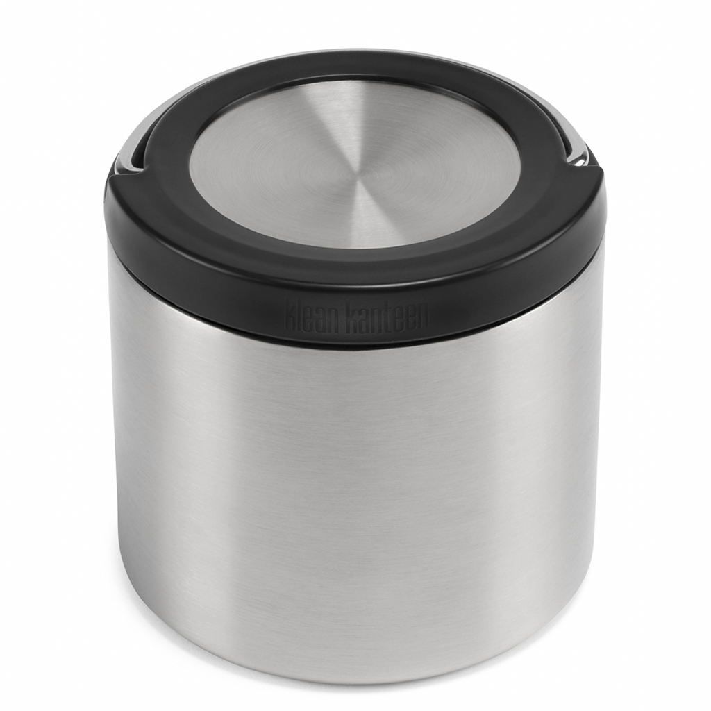 Klean Kanteen 16oz TK Canister Stainless Steel Food Storage Container. Shown with handle in the down position. 