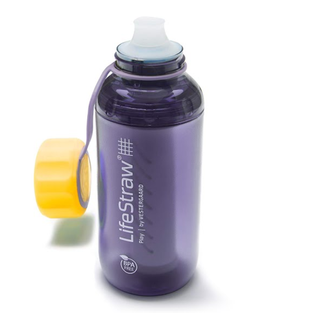 life_style1, LifeStraw's Play Children's Water Bottle with Lead Reduction Filter purple colored bottle & cap strap, yellow cap, white mouth piece