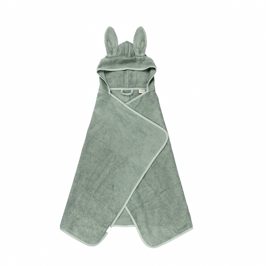 Fabelab Eucalyptus Bunny Hooded Junior Towel Child's Bathtime Towel. Light green bath towel with hood and bunny ears.