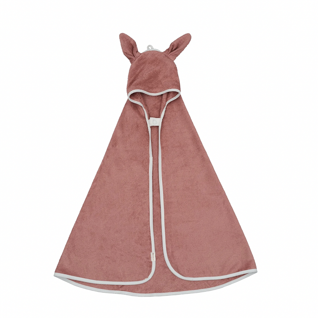 Fabelab Clay Bunny Hooded Baby Towel. Dusty pink colored bath towel with white piping. Hood with bunny ears and snap closure.